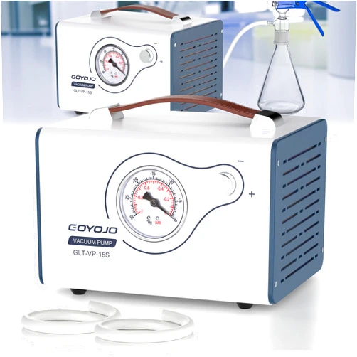 GOYOJO Oilless Vacuum Pump, 15L/Min With Dual Pressure, Lab Liquid Vacuum Filtration Fractionation, Adjustment Flow Portable Quiet Diaphragm Pressure Pump Equipped 2 Rubber Hoses, For Silicone Mold And Epoxy