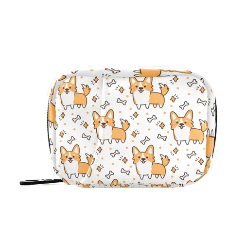 Pfrewn Cute Corgi Dog Pill Organizer Case Yellow Puppy Bone 7 Day Travel Pill Box with Zipper Portable Weekly Vitamin Medicine Supplement Holder Pouch Bag