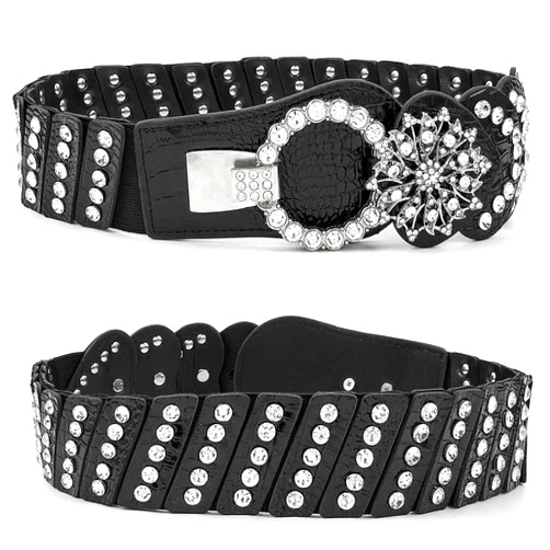 Vivilly Women's Rhinestone Belt Black Crystal Stretchy Retro Wide Waist Cinch Belt for Dress