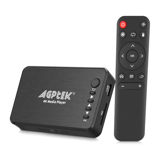 AGPTEK Updated 4K@30hz HDMI TV Media Player with HDMI/AV/VGA Output, Digital MP4 Player for 14TB HDD/ 256G USB Drive/SD Card/H.265 MP4, with Remote Control for MP3 AVI RMVB MPEG etc
