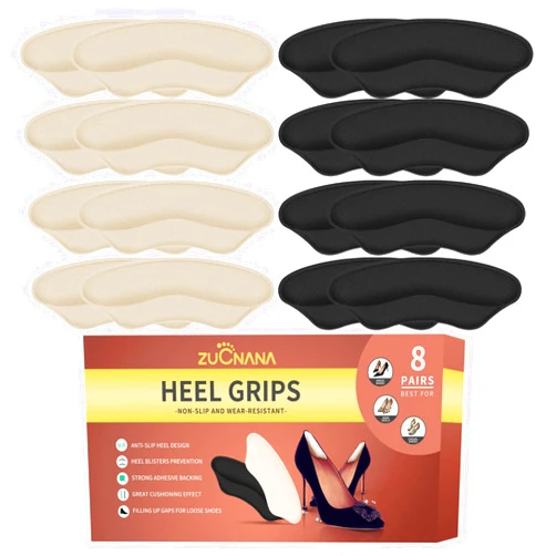 ZUCNANA Heel Grips Liner for Loose Shoes (8 Pairs/16 Pieces), Heel Cushion Inserts for Women Men Shoes Too Big, Self-Adhesive Heel Pads Prevent Blisters, Foot Pain, and Heel Slipping (Beige and Black)