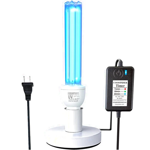 COOSPIDER UV 25 Watts UVC Sanitizer Lamp with Ozone UVC Light Bulb with Base and 3-Gear Timer 185nm Wavelength UV Light for Bedroom/Closet/Kitchen/Bathroom E26 110V CTUV-25