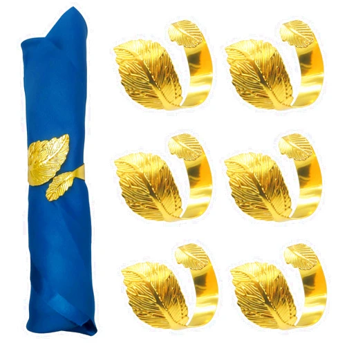 SEEBRIDER Gold Napkin Rings, 6PCS Leaf Napkin Rings Metal for Table Setting Wedding Birthday Anniversary Easter Christmas Halloween Thanksgiving Party Fall