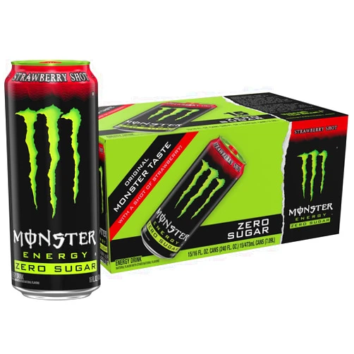Monster Energy Zero Sugar Strawberry Shot, Green, Original, Sugar Free Energy Drink, 16 Ounce (Pack of 15)