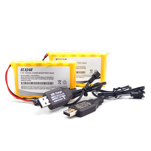 Lunggwey (2-Pack) 7.2V 1000mAh Ni-Cd Rechargeable Battery Pack with SM-2P Plug, USB Charge Cable, Compatible with Old Version Huina 1550 550 RC Excavator, Fisca TR-211, RC Truck, RC Climbing Vehicle