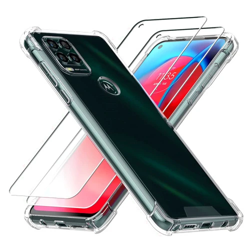 KIOMY Clear Case for Motorola Moto G Stylus 5G 2021 with 2pcs Tempered Glass Screen Protectors Hybrid Anti Yellow Hard PC Back with Flexible TPU Frame Shockproof Bumper Protection Transparent Cover
