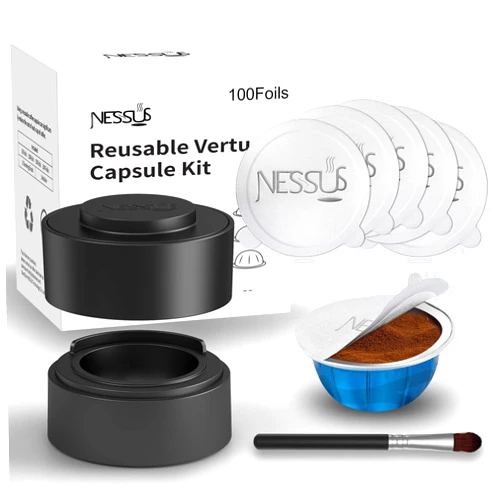 Nessus Reusable Vertuo Capsule Kit, [ALSeal EZ FIT] for Reusable Nespresso Pods with 100 Pcs Aluminum Foil Seal Lids, Holder, Brush, for Refilling Nespresso Vertuo Pods Reusable Vertuoline Pod