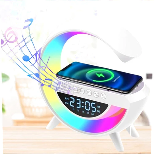 Futaxcy RGB Night Light Lamp Multifunctional Wireless Audio, Smart 5-in-1 LED Bluetooth Speaker Alarm Clock, G-Shaped Led Wireless Charging Speaker, LED Smart Wake up Light with RGB Night Light(1 PC)