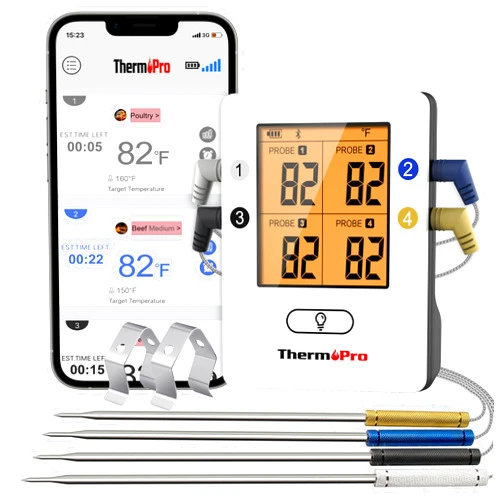 ThermoPro TP25 650FT Wireless Meat Thermometer with 4 Probes, Bluetooth Meat Thermometer for Cooking, BBQ Oven Food Smoker Thermometer Rechargeable