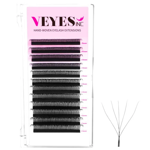 VEYES INC YY Lash Extensions Tray C/D curl 9-15mm Mixed Length Premade Volume Eyelash Fans, Professional Lash Extension Supplies, Matte Black(5D-W 0.07 D-curl 9-15mm)