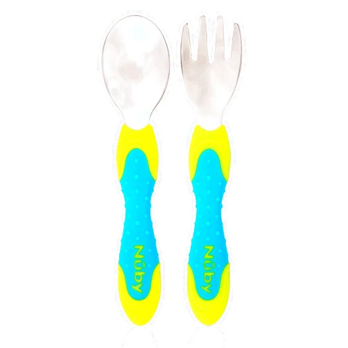 Nuby 2 Piece Stainless Steel Utensil, Blue/Green, 2 Count