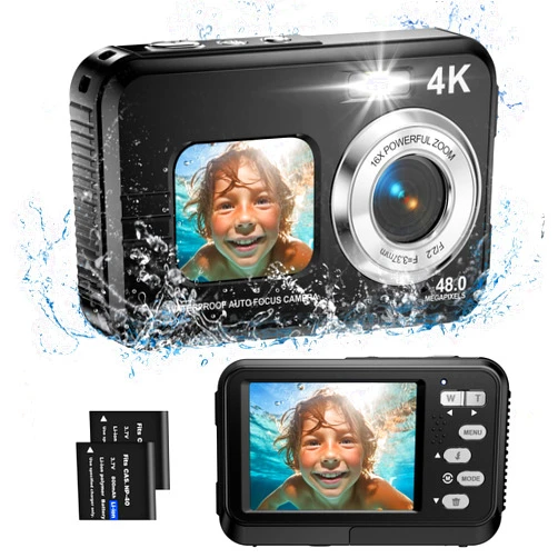 TEBNGIHNM Underwater Camera, 4K Waterproof Camera, 48MP Autofocus Selfie Dual Screens 11FT Underwater Camera for Snorkeling Waterproof Compact Portable Digital Camera, 2 Batteries