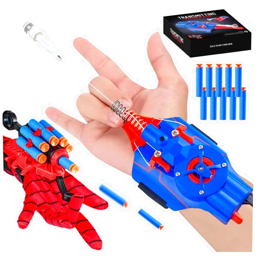 Wadfey 2Pcs Spider Web Shooters String Shooters and Dart Launcher Toy Spider Silk Launcher Wrist Toy for Kids，Spider Gloves with Web-Shooters Superhero Role-Play