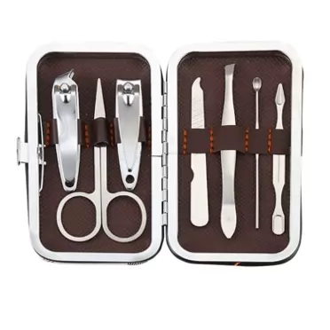ADIASEN 7pcs/Set Stainless Steel Manicure Set Grooming Kit with Black Nail Clippers, Tweezers, Scissors, Cuticle Removers, Facial Tools for Women Men Girl Ladies (Leather Holster)