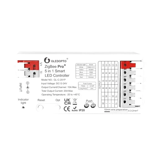 Sogledwow GLEDOPTO ZigBee3.0 Pro+ 5 in 1 LED Controller 20A Max RGBCCT/RGBW/RGB/CCT/Dimmer Compatible with Alexa Homey Tuya Smart Life APP Control for RGBCCT RGB WWCW LED Strip Light (Hub Required)