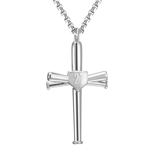 RWQIAN Cross Number Necklace for men - Sport Stainless Steel Cross Silver Chain for Men/Women, Baseball Bat Cross Pendant Chain Baseball Fans Jewelry Gift