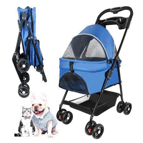 San Yare Pet Stroller 4 Wheels Dog Cat Stroller for Up to 30lbs Small Medium Dogs Cats Foldable Puppy Stroller with Storage Basket and Cup Holder.（Blue）