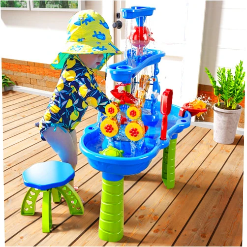 JUKUDAHU Kids Sand Water Table for Kids 3 4 5 6 7 8 Years Old - 3-Tier Summer Outdoor Toys, Water Waterfall Sensory Play Table with Beach Toy Accessories, Summer Activity Table Toddlers 3-4 3-5