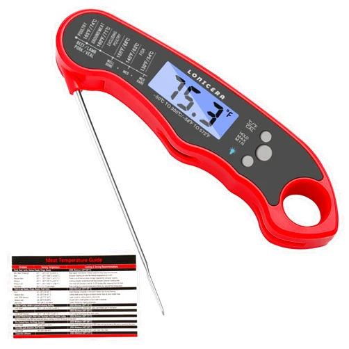 Lonicera Digital Meat Thermometer for Food Cooking. Waterproof & Instant Read for Kitchen Baking, BBQ. with Foldable Probe, Backlight & Calibration (Red)