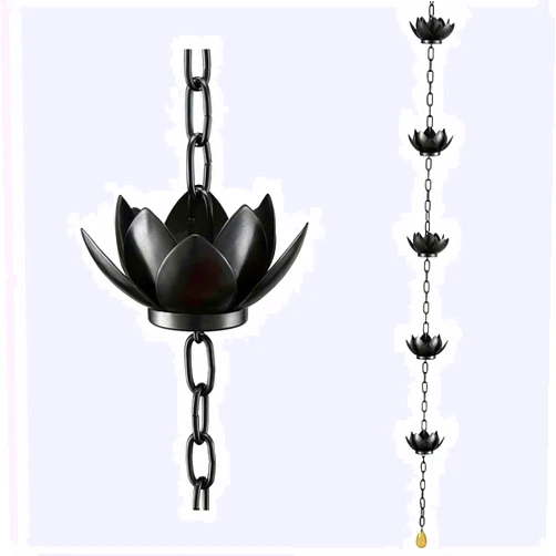 Generic Rain Chains,Black Lotus Rain Chain Set,47.2 Inch Powder Coated Rust-Resistant Rainchains,Rain Chain Cups,12 Cups Lotus Rain Catcher Chain to Replace Gutter Downspout,Divert Water and Home Display