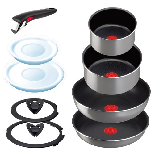 T-Fal Tefal L16199 Tifal Handle Removable Pot Frying Pan Set, 9-piece Set, For Gas Fire, Ingenio Neo Phrase Gray, Non-Stick Gray