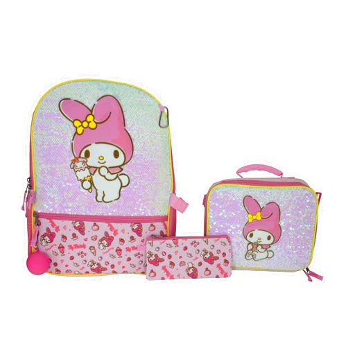 AI ACCESSORY INNOVATIONS Hello Kitty My Melody 5 Piece Backpack Set, Kawaii Flip Sequin Anime School Bag for Girls with Zip Front Pocket, Pink