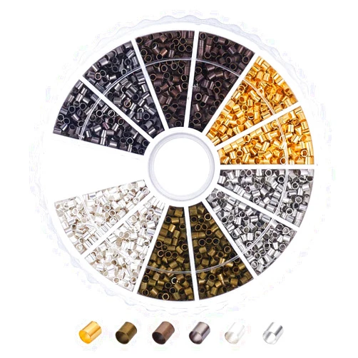 PH PandaHall Pandahall 1Box/3300pcs Brass 6 Colors Tube Crimp Beads Tube Covers Beads Tips Mini Column Spacer 1.5x1.5mm Antique Bronze & Red Copper & Black & Silver & Golden & Platinum