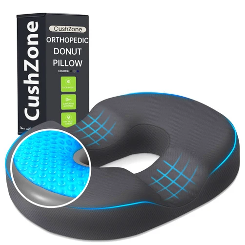 CushZone Donut Pillow Seat Cushion - Cooling Gel Floor Pillow, Memory Foam Floor Cushion for Office & Home, Car Seat, Hemorrhoids Pillow, Sciatica & Tailbone Pain Relief Chair Cushion, Grey