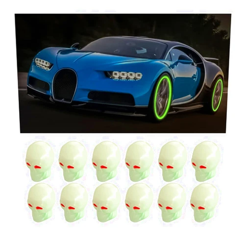 YALOK 12PCS Fluorescent Skull Tire Valve Stem Caps, Luminous Auto Wheel Air Valve Cap, Illuminated Glow in The Dark Corrosion Resistant, Car Accessories for Truck, SUV, Motorcycle, Car (Skull Green)
