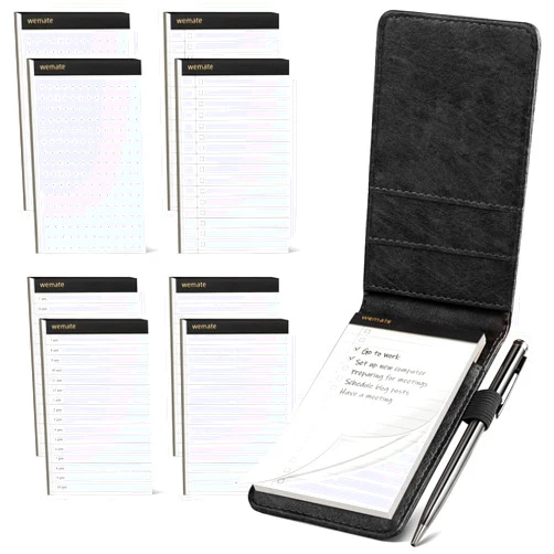 WEMATE 10 Pieces Small Notepad Holder Set Pocket Notebook - Included Mini Pocket Notepad Holder Set with 8 Memo Book Refills and Metal Pen for Meetings, Daily Records, and Notes 3 x 5 Inch (Black)