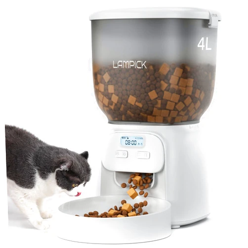 LAMPICK Automatic Cat Feeder, 4L Detachable Cat Food Dispenser for Dry Food Up to 15 Portions(8g/Portion) 6 Meals Per Day, Dual Power Supply Timed Cat Feeders
