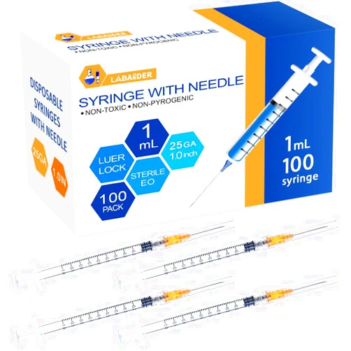 LabAider 1ml Syringes with Needle - 25G, 1.0 inch Needle Luer Lock Syringe Individually Packaged (1mL-25G, 100)