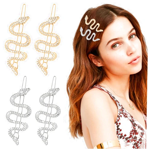 Mabor 4Pcs Snake Hair Clip, Gold Silver Snake Hair Pins with Sparkly Rhinestones Cool Hair Clips Metal Hair Jewelry for Styling Vintage Snake Hair Accessories for Women Girls