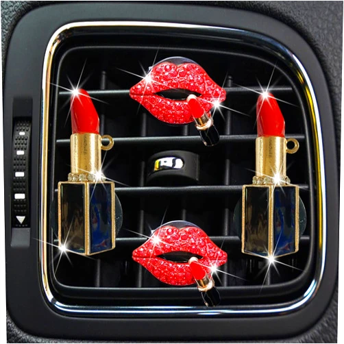 Jowxsx NTRR 4 Pcs Lip Air Vent Clips, Bling Car Fresheners Vents Clips for Women Diamond Diffuser Red Accessories Charm Rhinestone Interior Decor Decoration