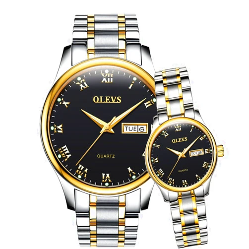 OLEVS Valentines Couple Pair Quartz Watches Luminous Calendar Date Window 3ATM Waterproof, Casual Stainless Steel His and Hers Wristwatch for Men Women Lovers Wedding Romantic Gifts Set of 2