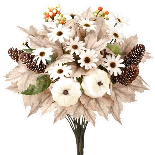 Waipfaru Fall Decor, 4 Pcs Fall Artificial Flowers Bouquet Fall Floral Stems with Pumpkins Maple Leaves for DIY Autumn Wedding Thanksgiving Home Kitchen Table Decoration（White）