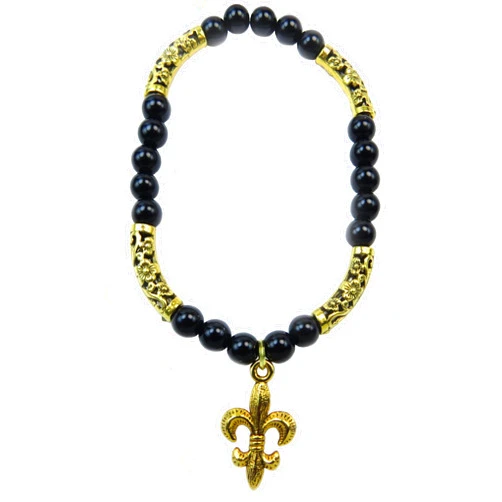 DivinejewelsbyBarb Black Shell Pearl Beaded Blessings Bracelet With Gold Plated Accents Fleur de Lis Charm Jewelry Gift