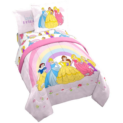 Jay Franco Disney Princess Rainbow 7 Piece Full Bed Set - Includes Comforter & Sheet Set - Bedding Features Aurora, Belle, & Cinderella - Super Soft Fade Resistant Microfiber