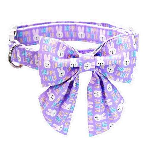 MR.CHUBBYFACE MR. CHUBBYFACE Easter Dog Collar Purple Rabbit Dog Collar with Flower Adjustable Dog Collar Bowtie for Small Medium Large Dogs