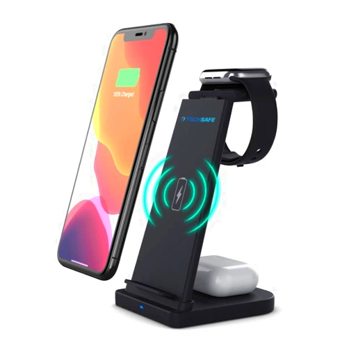 TechSafe 3 in 1 Wireless Charger Charging Station Dock for Samsung, Apple Watch SE 6 5 4 3 2, Airpods Pro, iPhone 12/11/11 Pro/X/Xr/Xs/8 Plus, Qi-Certified Phones Black
