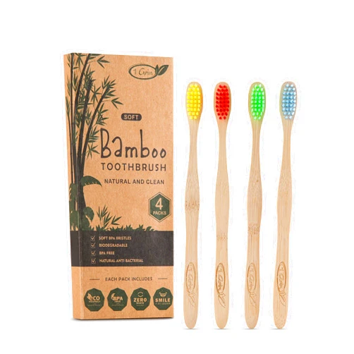 1Grin Bamboo Toothbrush, Wooden Toothbrush, Wooden Handle & Colorful Soft Bristles Heavy Duty Strong Handle Vegan Eco Friendly Natural Organic Non Plastic Zero Waste (Individually Packed 4 pcs)