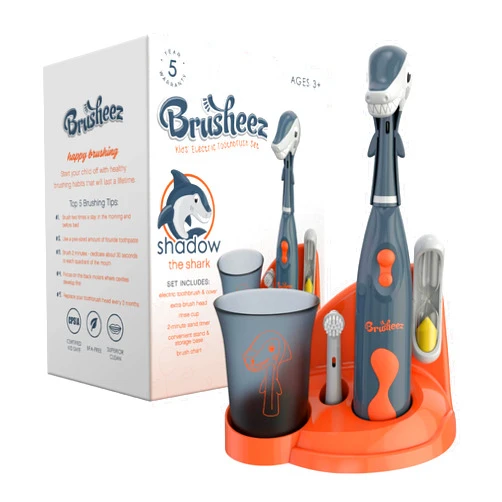 Brusheez Kids’ Electric Toothbrush Set - Safe & Effective for Ages 3+ - Parent Tested & Approved with Gentle Bristles, 2 Brush Heads, Rinse Cup, 2-Minute Timer, & Storage Base (Shadow The Shark)