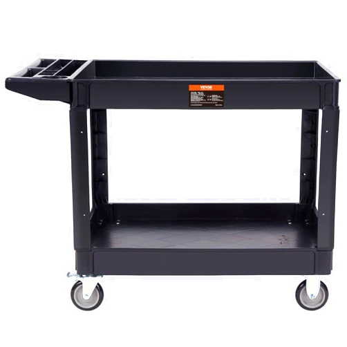 VEVOR Utility Service Cart, 2 Shelf 550LBS Heavy Duty Plastic Rolling Utility Cart with 360° Swivel Wheels (2 with Brakes), Large Lipped Shelf, Ergonomic Storage Handle for Warehouse/Garage/Cleaning