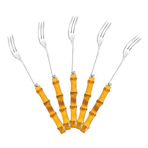 TAOMEINONG Premium Bamboo Utensils Bamboo Cocktail Forks & Bamboo Appetizer Forks Bamboo Silverware Set of 5 Stainless Steel Forks Handcrafted Bamboo cutlery - Cocktail Picks