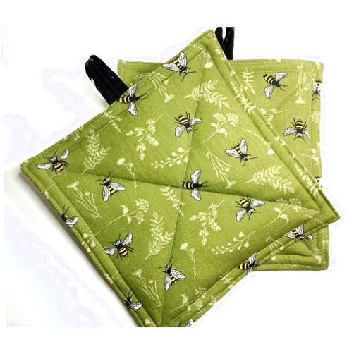 Handmade Gift Set of 2 Benny Bees Print Square Potholders - Insulated Cotton Hot Pads - Fabric Trivets - Heat Resistant - OD Green with Black and White Nature - Homemade in Texas