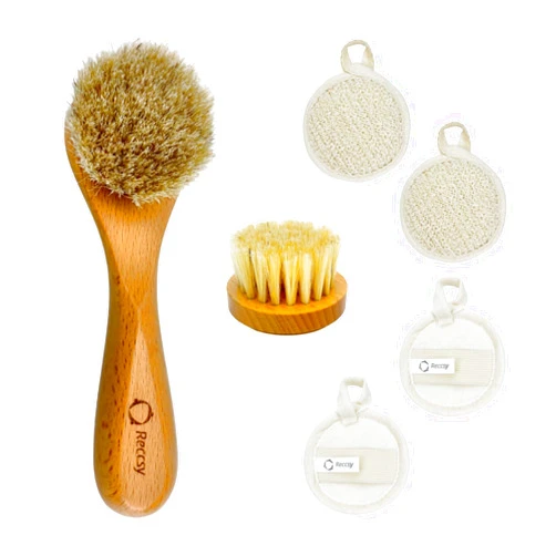 Reccsy Dry Brush For Face And Neck Set,Facial Cleansing Brush+Small Nose Scrubber+Exfoliating Face Scrubber Linen Pads 4 Pack.Stimulates Lymphatic Drainage,Unclog Pores,Reduces Acne,Blackheads,And Fine Lines