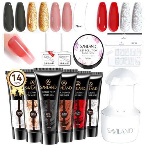 SAVILAND Poly Gel Nail Kit Starter Kit: with 6 Colors Nail Extension Gel Kit with U V Light Glitter Poly Gel Nail Colors Rose Red Poly Nail Gel for Beginner with Everything DIY Gift