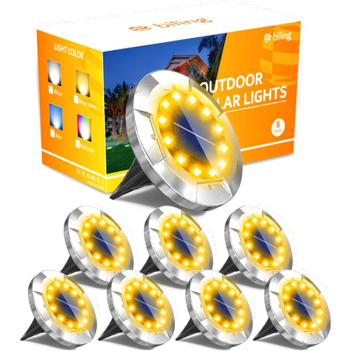 Biling Solar Ground Lights, (12 LEDs /8 Pack) Outdoor Waterproof Solar Garden Lights for Pathway Outdoor in-Ground Lawn Yard Deck Patio Walkway - Warm White