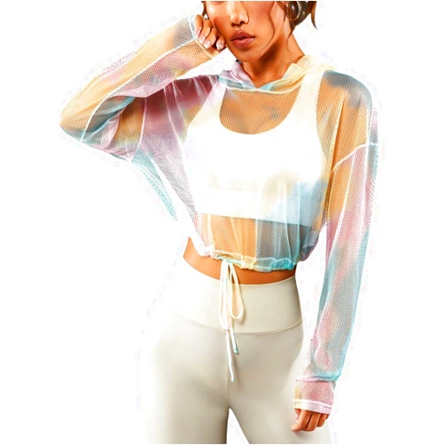 WDIRARA Women's Fishnet See Through Hoodie Long Sleeve Drawstring Sweatshirt Crop Top