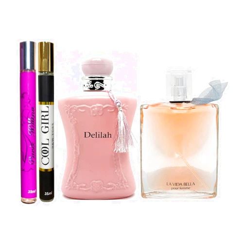 Generic 4 pack combo of La Vida Bella for Women 3.4 oz + Delilah Pour Femme Eau De Parfum 3.4 oz + Faris Hilton 35 ml+ Cool Girl 35ml inspired perfume